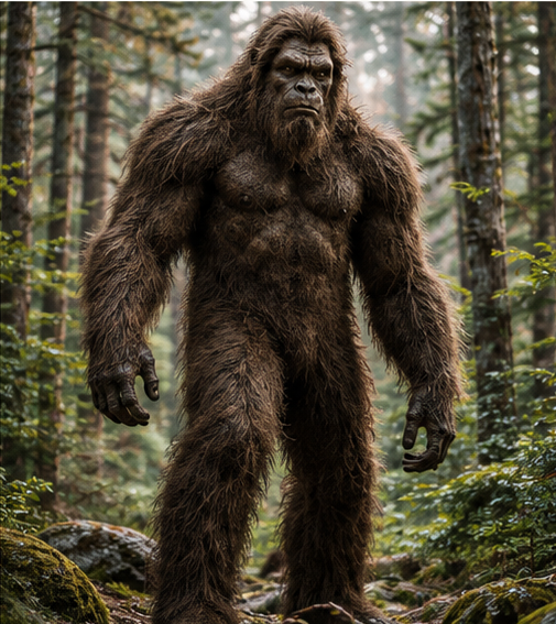 Photorealistic artistic testimony composite illustrating recurring characteristics reported by Sasquatch witnesses.