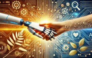 An AI robot and a human holding hands as they write content for SEO best practices