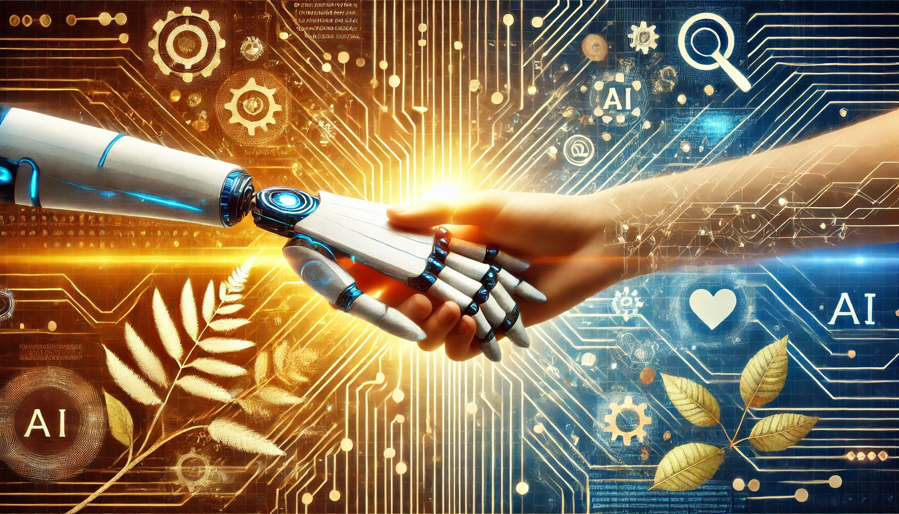 An AI robot and a human holding hands as they write content for SEO best practices