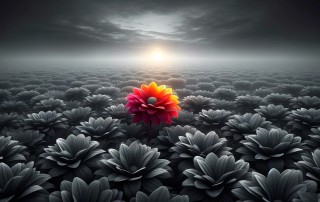 a single colored flower amongst a sea of gray flowers