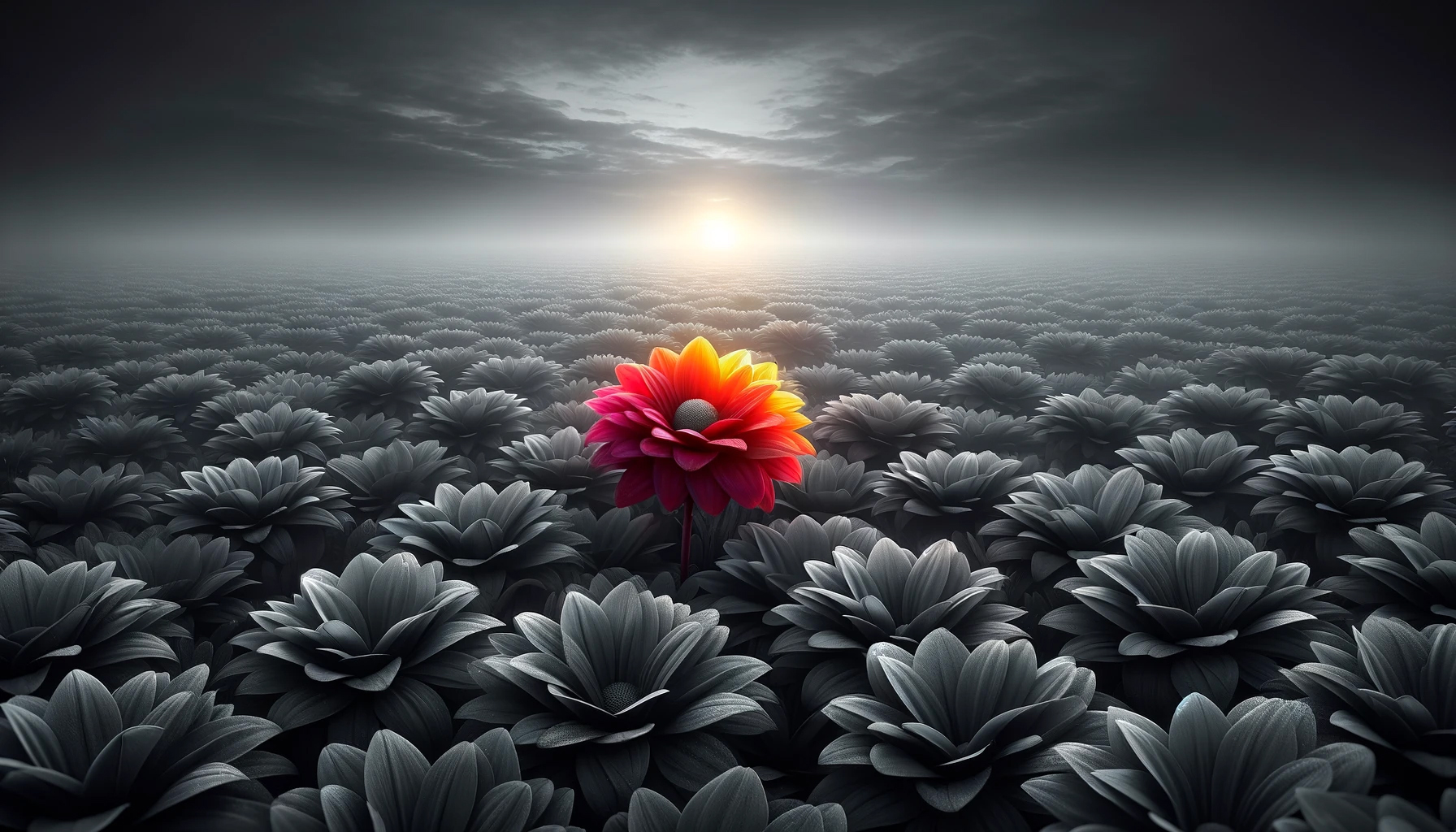 a single colored flower amongst a sea of gray flowers
