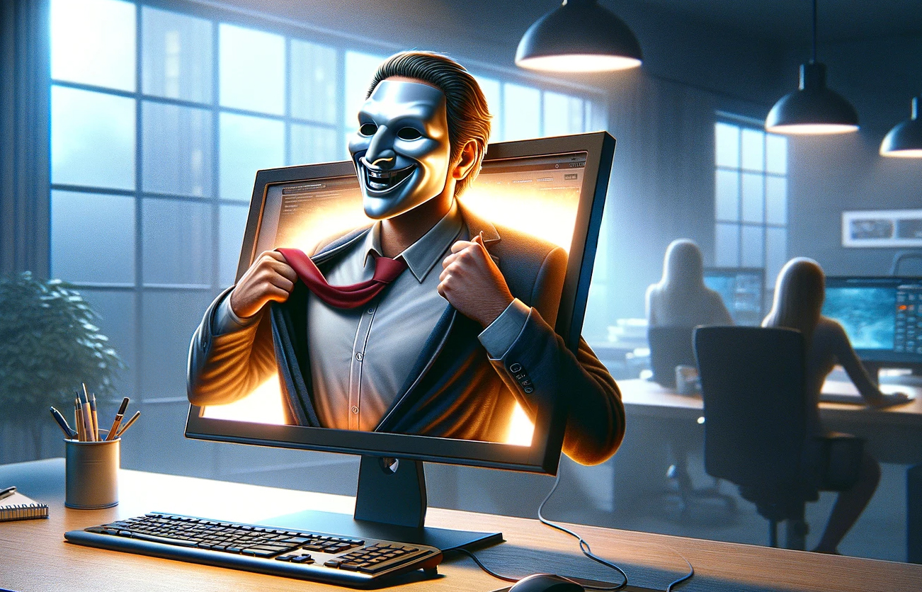 A digital marketer in an office wearing a sinister mask