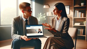 A web designer in palm beach, florida sitting with a client in an office setting
