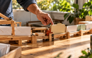 A hand checks a wooden automation track carrying folders and envelopes through a sunlit workspace.