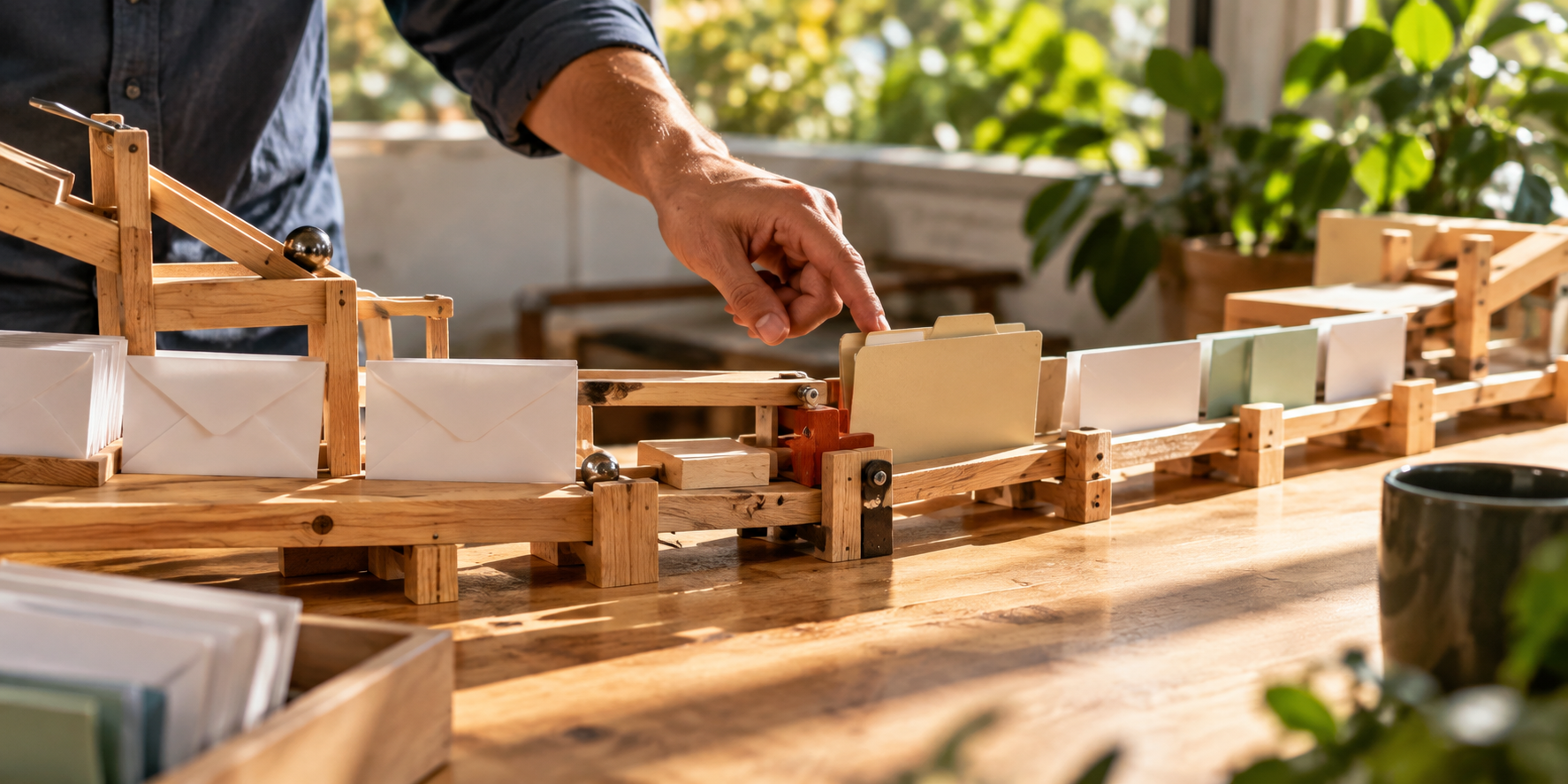 A hand checks a wooden automation track carrying folders and envelopes through a sunlit workspace.