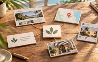 Connected cards representing a website, map listing, storefront and business profile arranged around one central brand identity.
