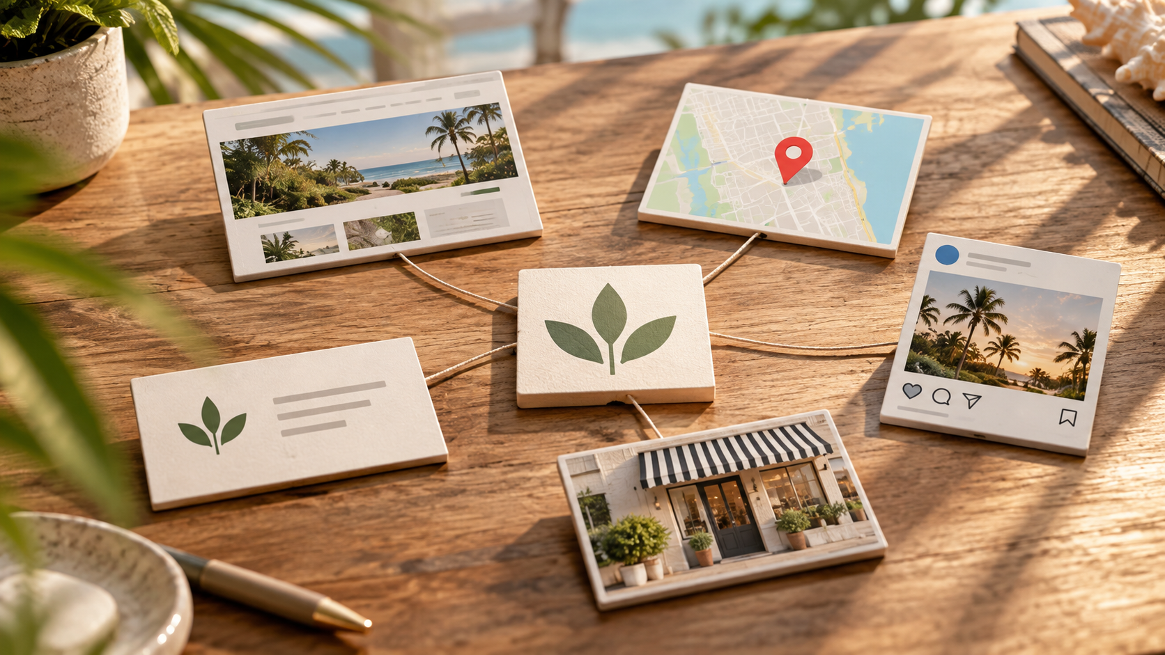 Connected cards representing a website, map listing, storefront and business profile arranged around one central brand identity.