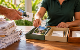 A service coordinator sorts customer property photos, documents, and a key into clear intake trays.