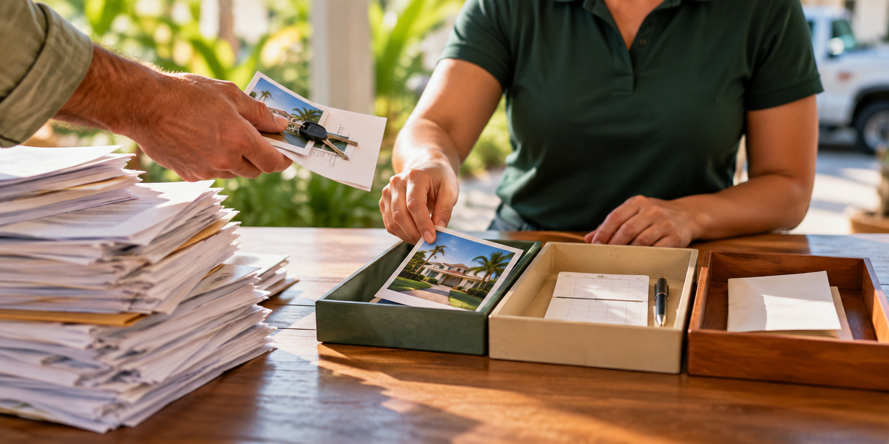 A service coordinator sorts customer property photos, documents, and a key into clear intake trays.
