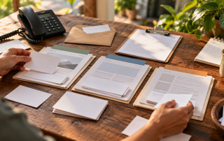 Hands sorting customer questions into organized website content ideas on a sunlit wooden desk.