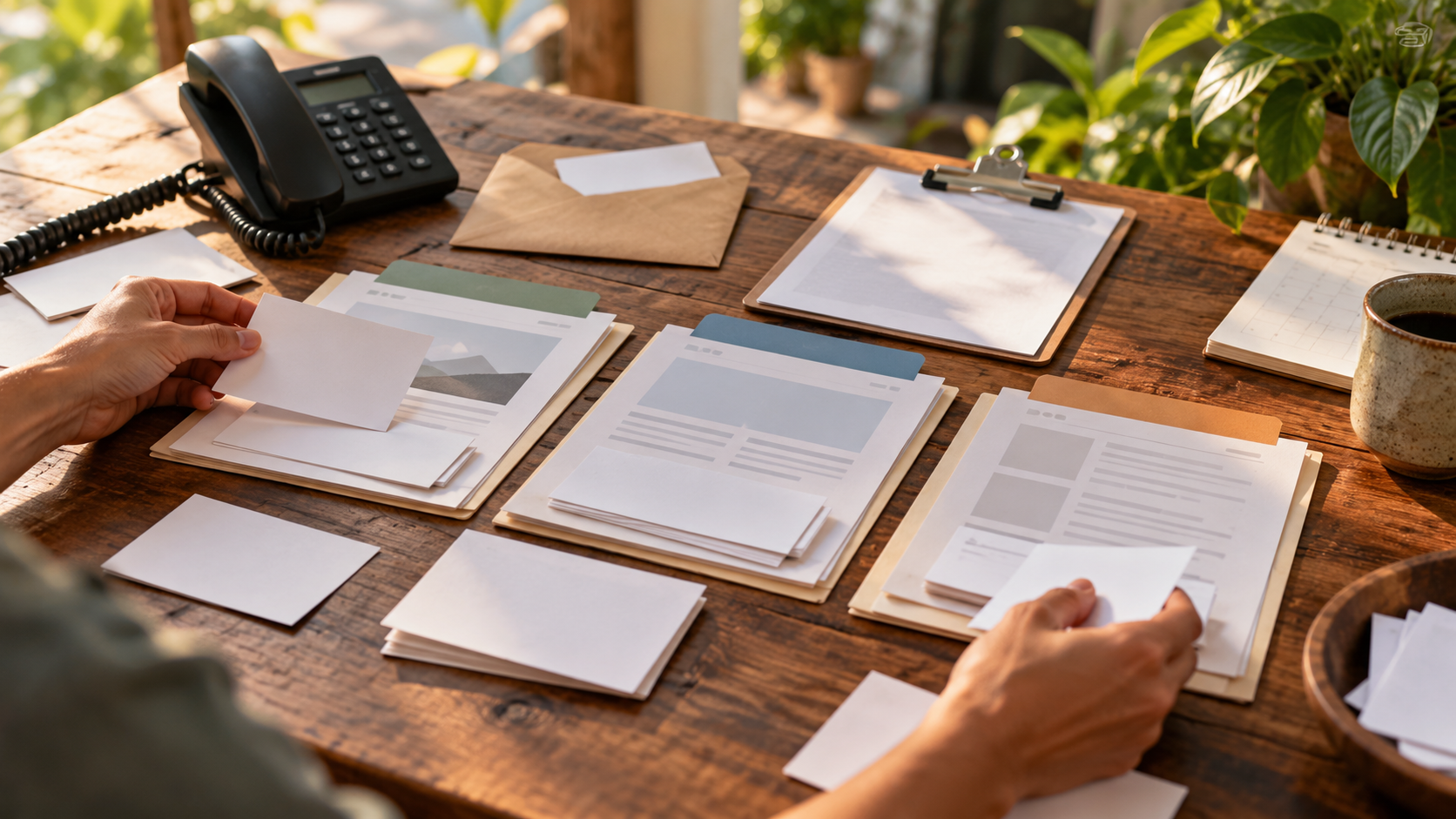 Hands sorting customer questions into organized website content ideas on a sunlit wooden desk.