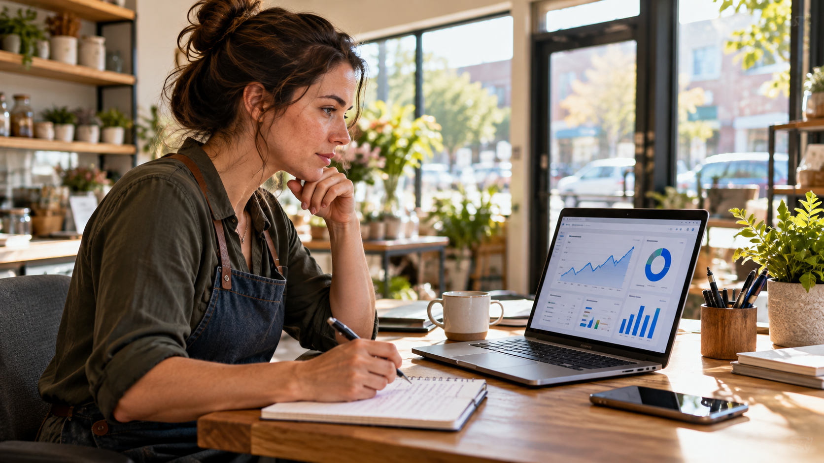 a small business owner reviewing her website analytics on a screen