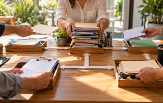 Team members route folders and requests through one central person during a busy business workflow.