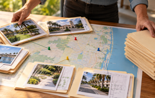A business owner organizes local service folders and project photos around a Palm Beach County map.