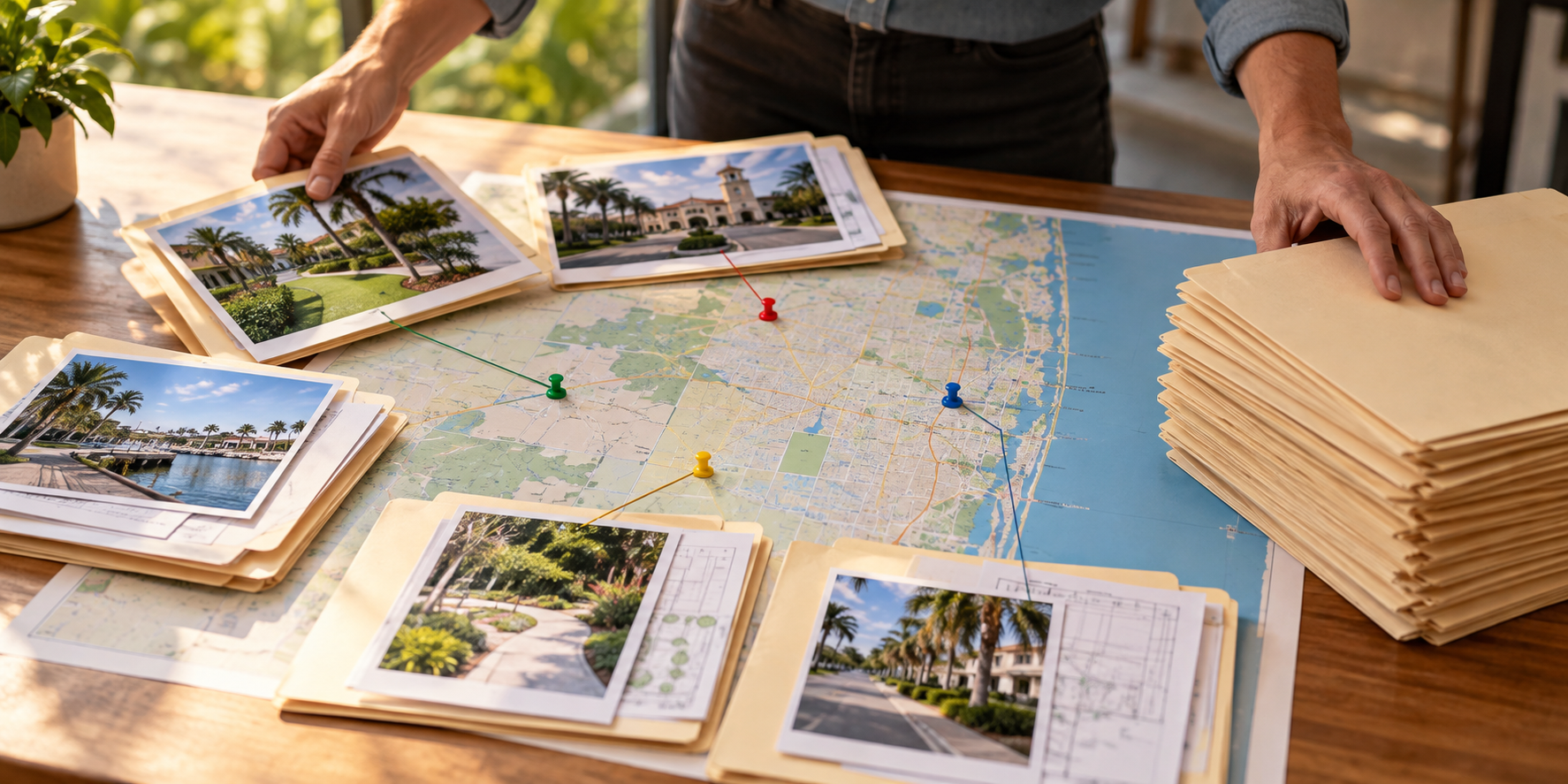 A business owner organizes local service folders and project photos around a Palm Beach County map.