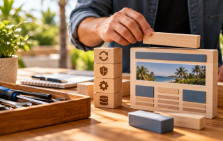 A business owner assembles a modular digital system while keeping key decisions within human reach.