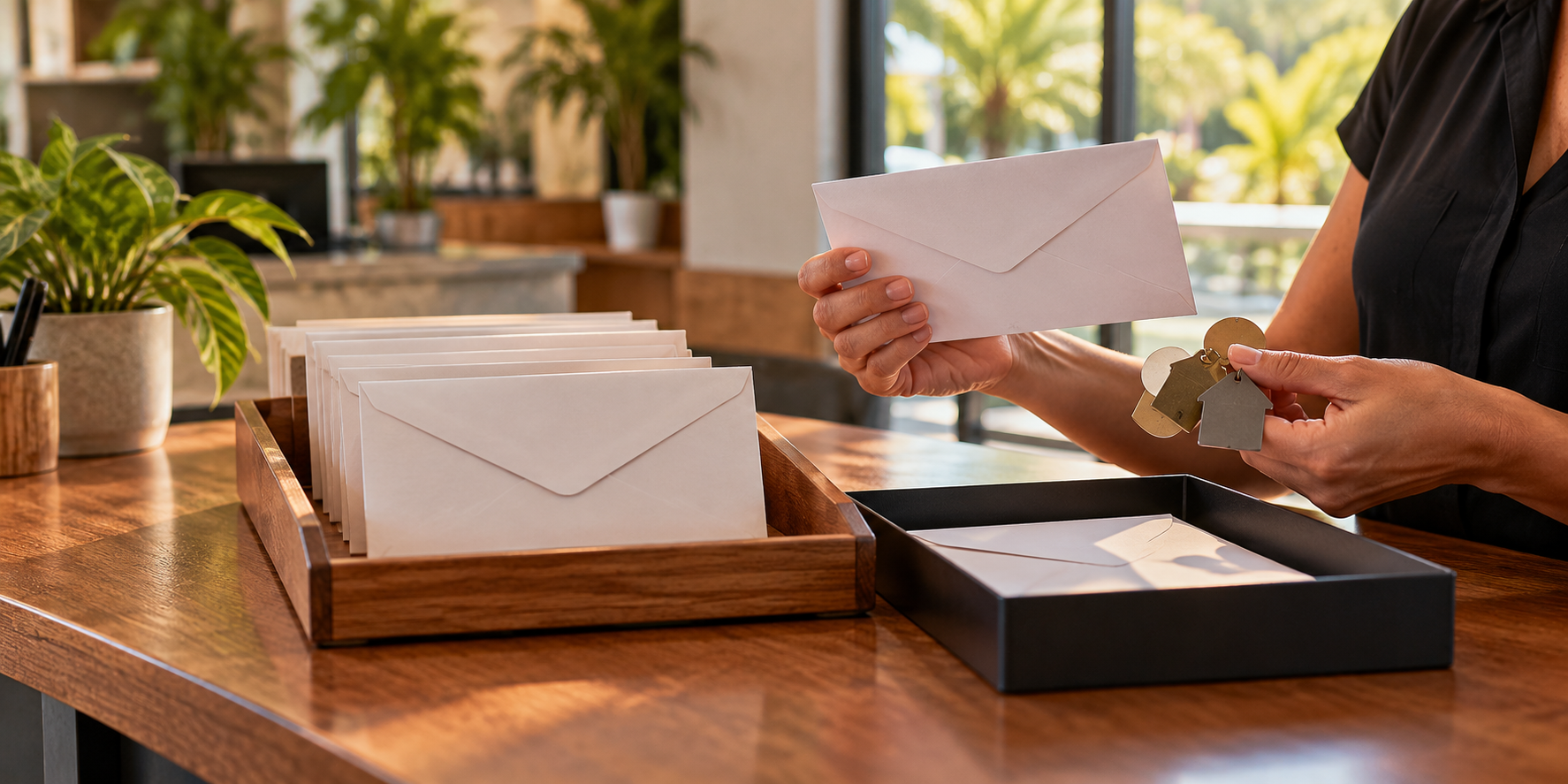 A business employee independently verifies an envelope and account keys at a sunlit office desk.