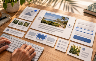 Hands using a keyboard beside tactile website interface cards arranged on a sunlit desk.