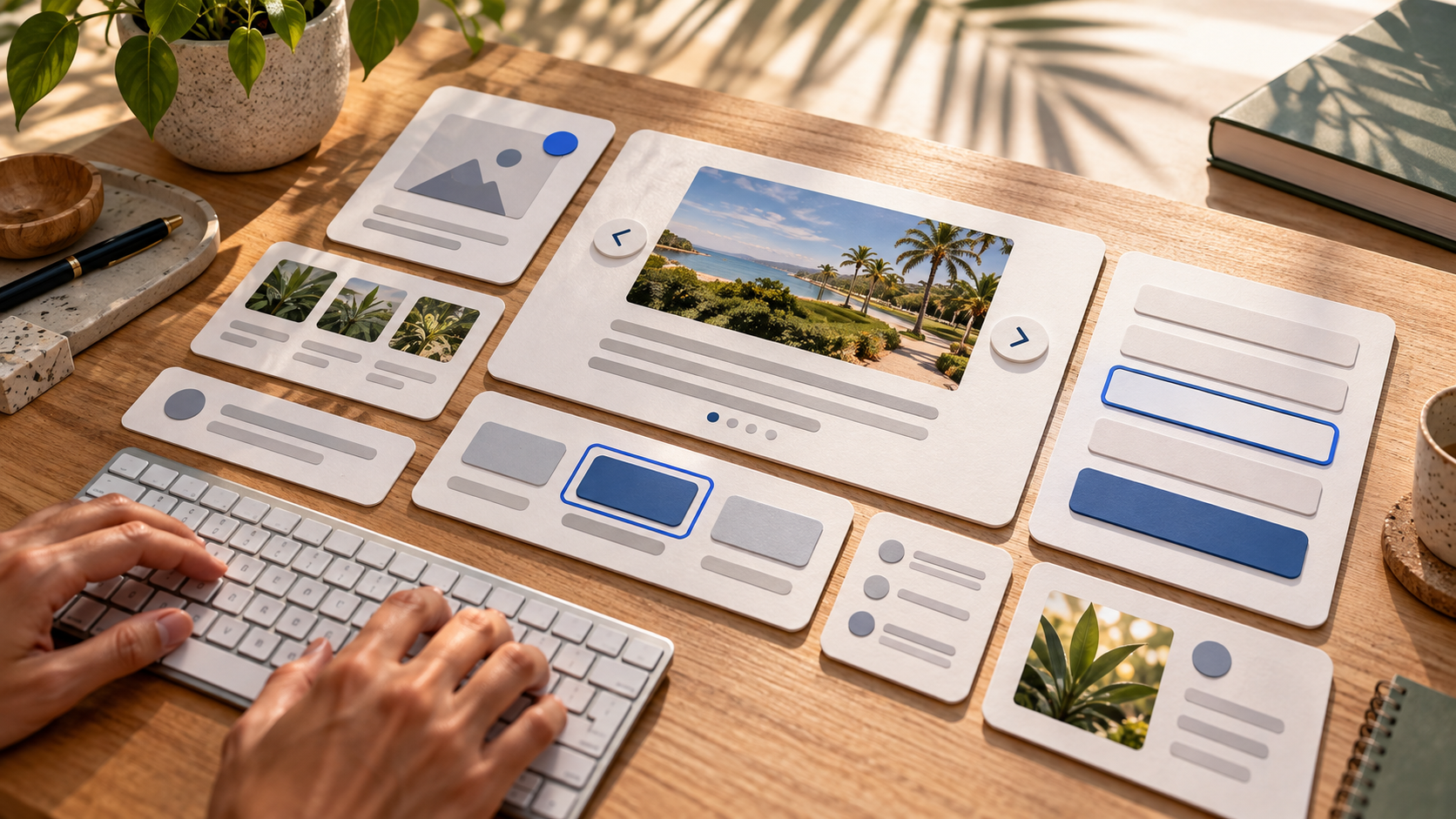 Hands using a keyboard beside tactile website interface cards arranged on a sunlit desk.
