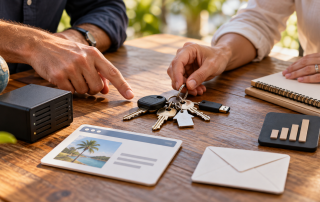 Business owners review keys and digital assets representing website ownership, hosting, domains, and account access.