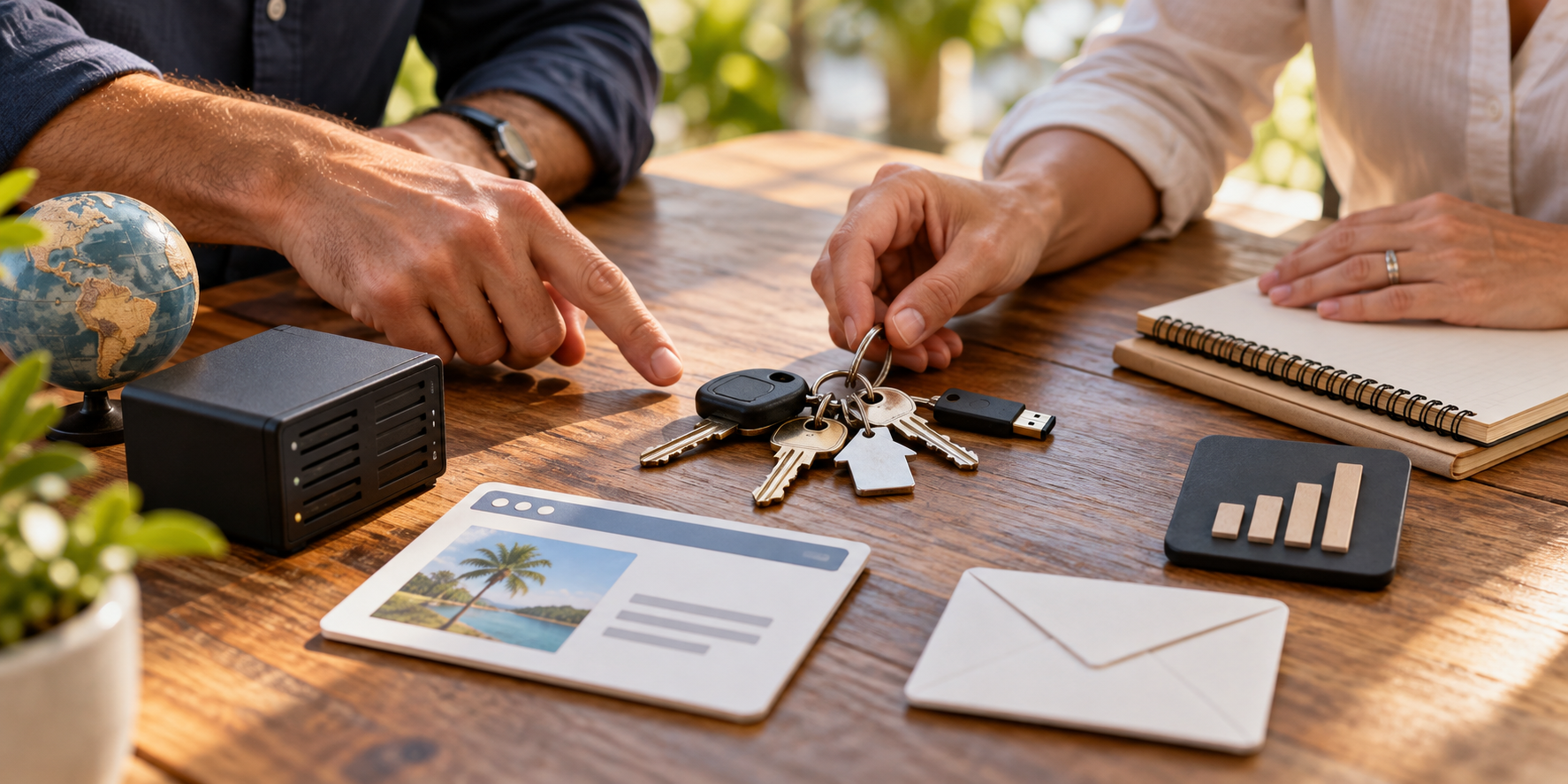 Business owners review keys and digital assets representing website ownership, hosting, domains, and account access.