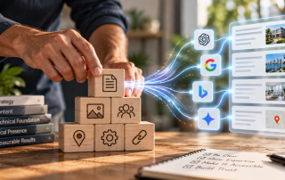 Business owner reviewing a website as AI search results connect to its expertise, sources and local business information