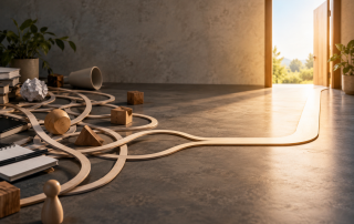 A tangled set of wooden paths becoming one clear route toward a bright open doorway.