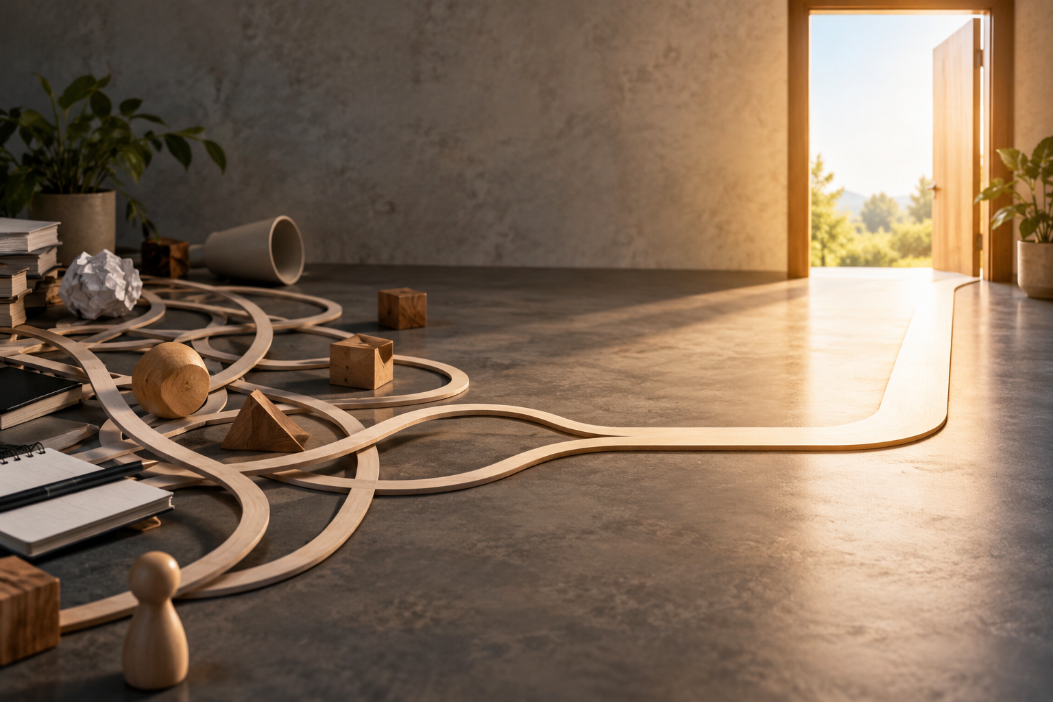 A tangled set of wooden paths becoming one clear route toward a bright open doorway.