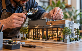 Small business owner carefully inspecting a miniature storefront as a visual metaphor for monthly website maintenance