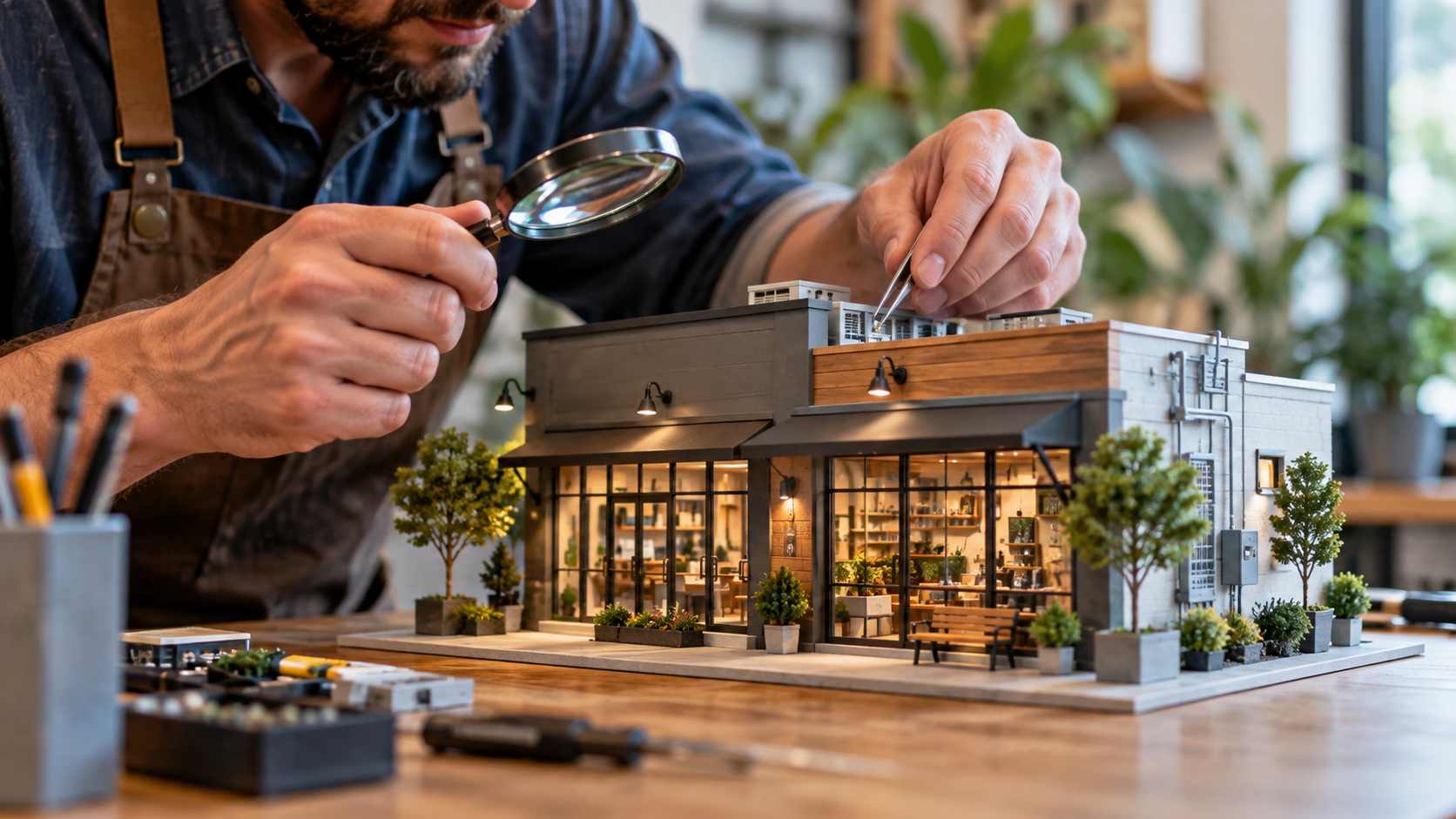 Small business owner carefully inspecting a miniature storefront as a visual metaphor for monthly website maintenance