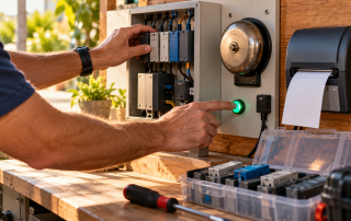 A technician tests a modular website system after replacing components on a sunlit workbench.