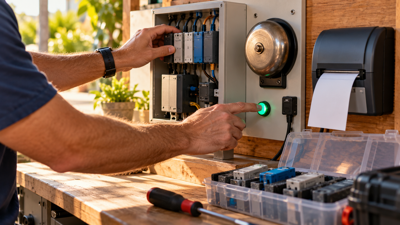 A technician tests a modular website system after replacing components on a sunlit workbench.